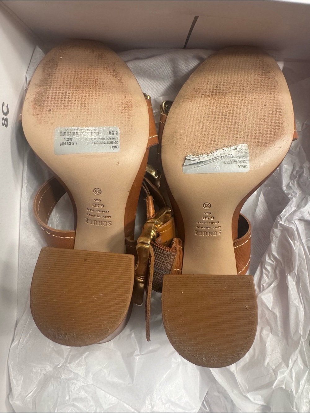 SCHUTZ Tan Leather Double-Buckle Block Heel Sandals with Gold Buckles - Picture 4 of 6
